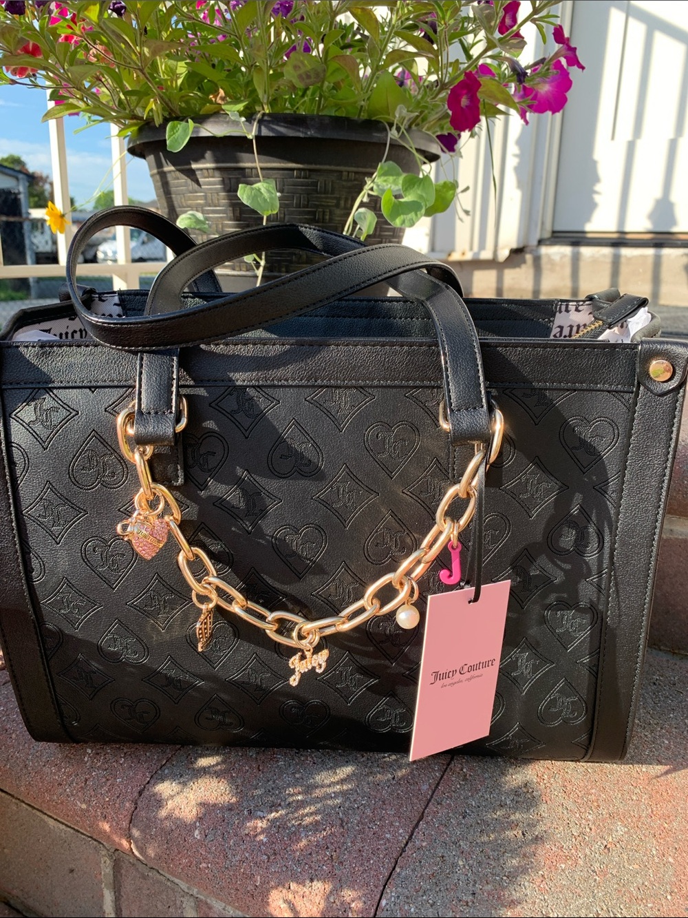 🆕- Juicy Couture Liquorice Embossed Tote with Gold Chain & Charms TOP NOTCH TOTE